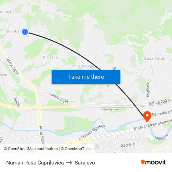 Numan Paše Ćuprilovića to Sarajevo map