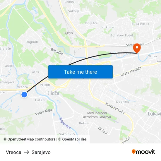 Vreoca to Sarajevo map