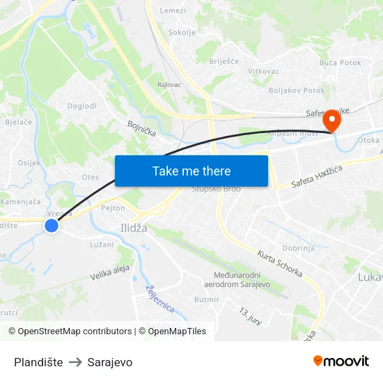 Plandište to Sarajevo map