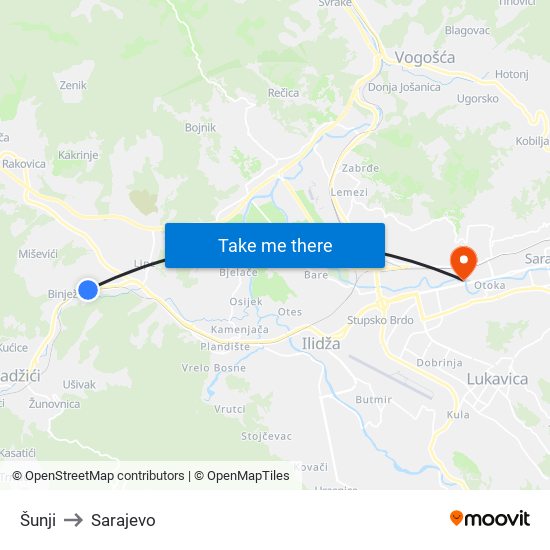 Šunji to Sarajevo map