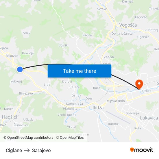 Ciglane to Sarajevo map