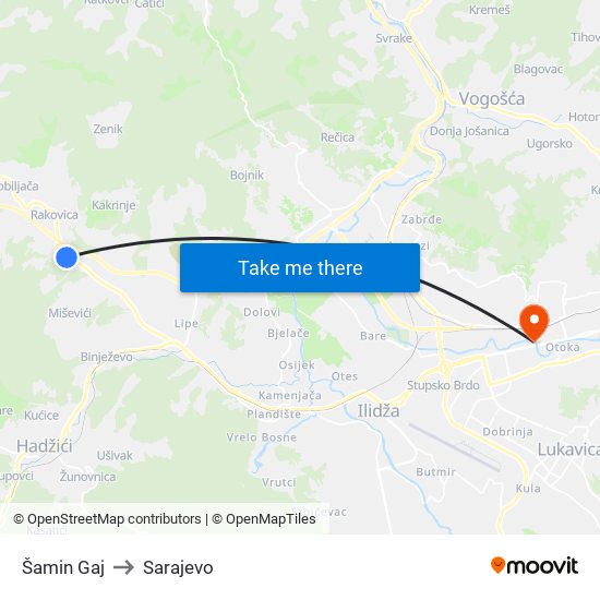 Šamin Gaj to Sarajevo map
