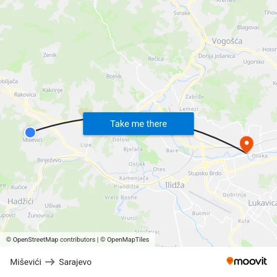 Miševići to Sarajevo map