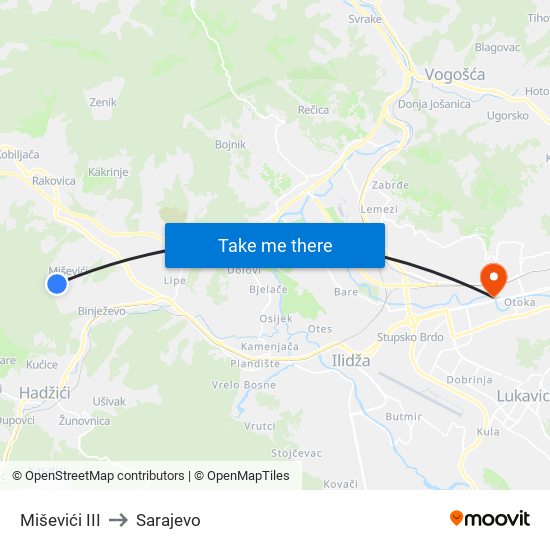 Miševići III to Sarajevo map