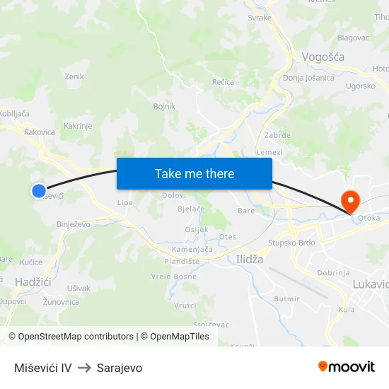 Miševići IV to Sarajevo map