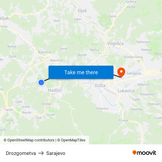 Drozgometva to Sarajevo map