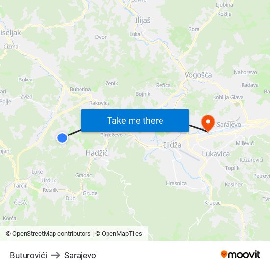 Buturovići to Sarajevo map
