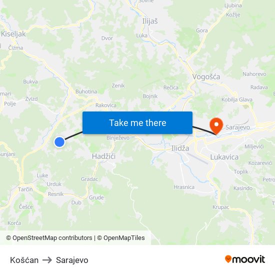 Košćan to Sarajevo map