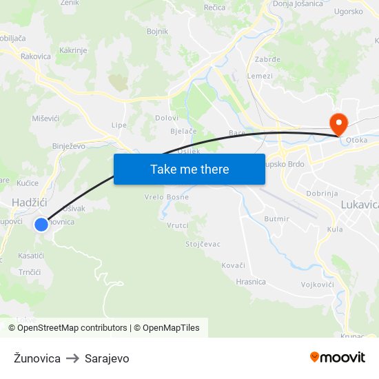 Žunovica to Sarajevo map