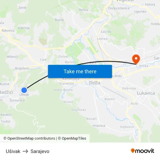 Ušivak to Sarajevo map