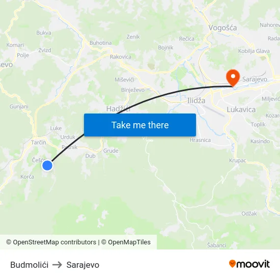 Budmolići to Sarajevo map