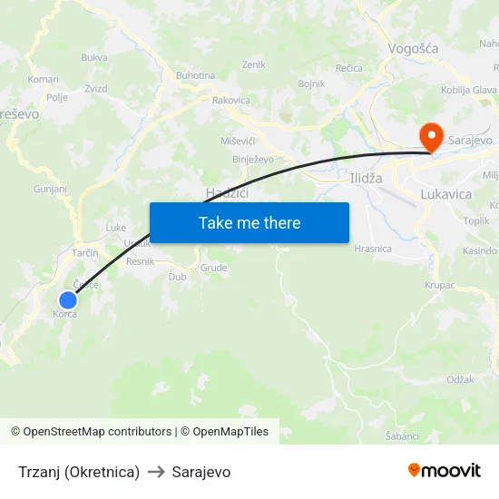 Trzanj (Okretnica) to Sarajevo map