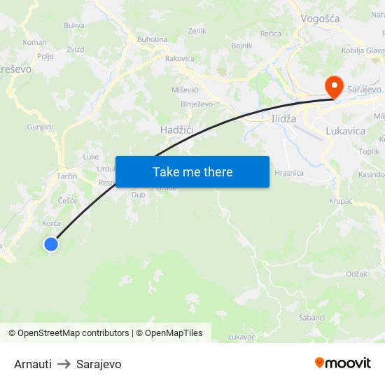 Arnauti to Sarajevo map