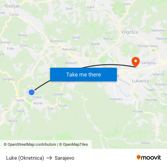 Luke (Okretnica) to Sarajevo map