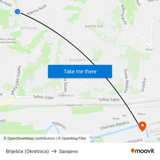 Briješće (Okretnica) to Sarajevo map
