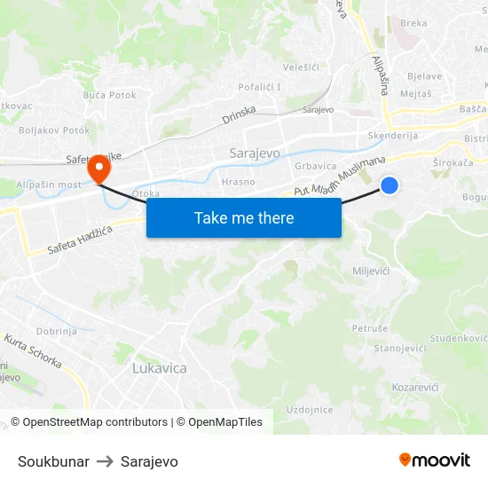 Soukbunar to Sarajevo map
