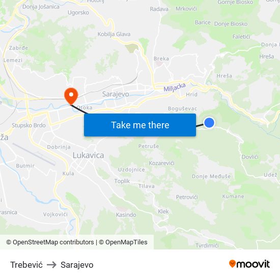 Trebević to Sarajevo map
