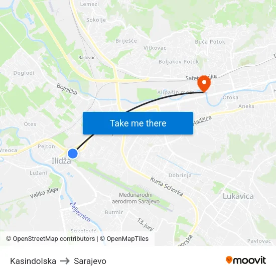 Kasindolska to Sarajevo map