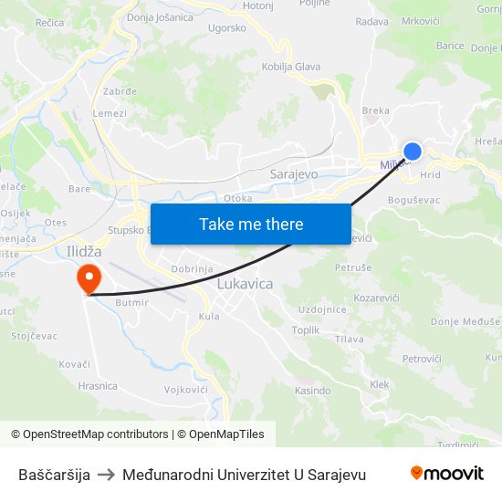 Baščaršija to Međunarodni Univerzitet U Sarajevu map