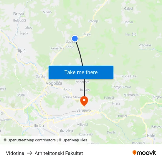 Vidotina to Arhitektonski Fakultet map