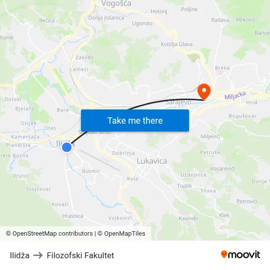 Ilidža to Filozofski Fakultet map