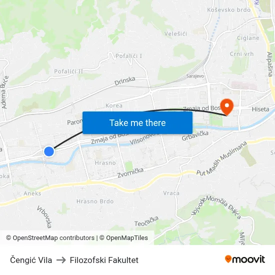Čengić Vila to Filozofski Fakultet map
