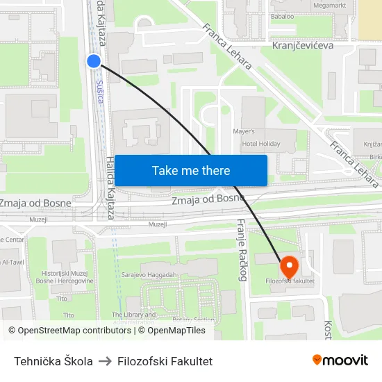 Tehnička Škola to Filozofski Fakultet map