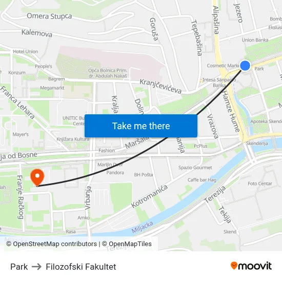 Park to Filozofski Fakultet map
