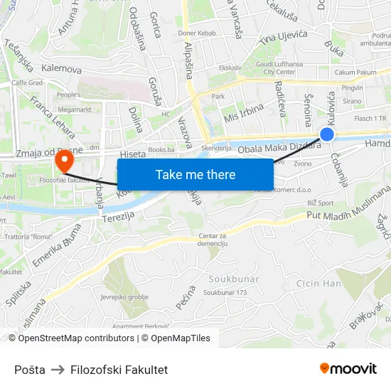 Pošta to Filozofski Fakultet map