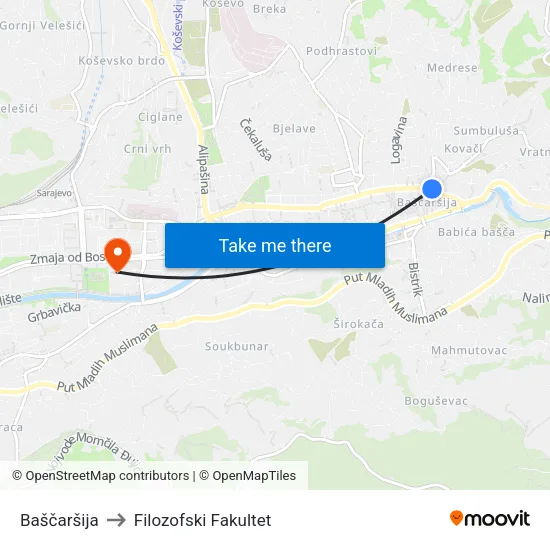 Baščaršija to Filozofski Fakultet map