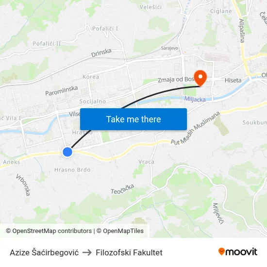Azize Šaćirbegović to Filozofski Fakultet map