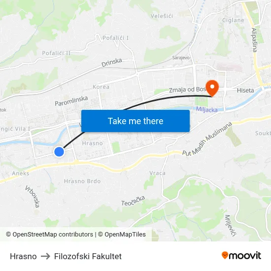 Hrasno to Filozofski Fakultet map