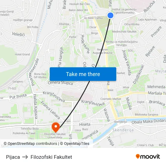 Pijaca to Filozofski Fakultet map