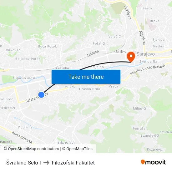 Švrakino Selo I to Filozofski Fakultet map