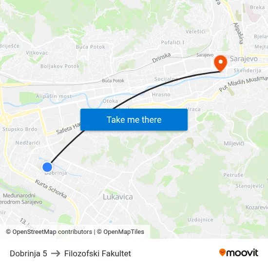 Dobrinja 5 to Filozofski Fakultet map