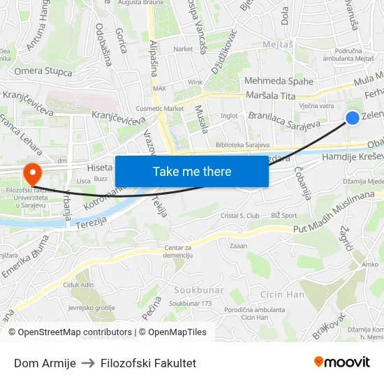 Dom Armije to Filozofski Fakultet map