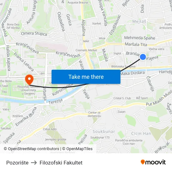 Pozorište to Filozofski Fakultet map