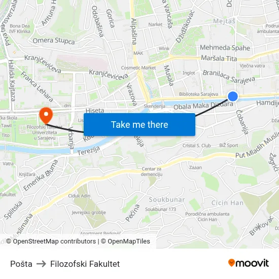 Pošta to Filozofski Fakultet map