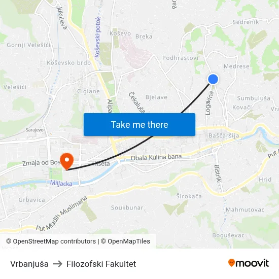 Vrbanjuša to Filozofski Fakultet map