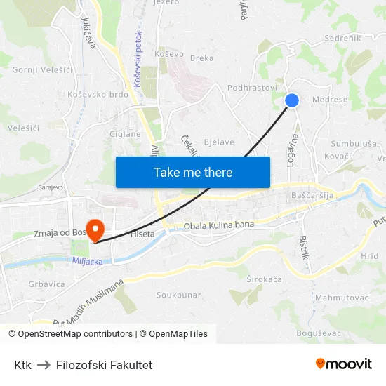 Ktk to Filozofski Fakultet map