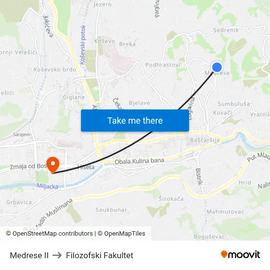 Medrese II to Filozofski Fakultet map