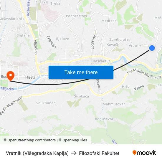 Vratnik (Višegradska Kapija) to Filozofski Fakultet map
