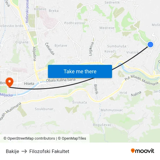 Bakije to Filozofski Fakultet map