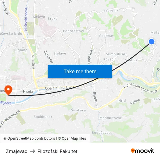 Zmajevac to Filozofski Fakultet map