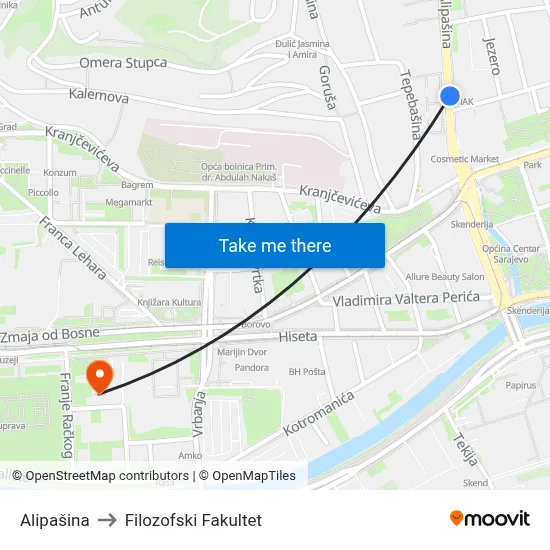 Alipašina to Filozofski Fakultet map