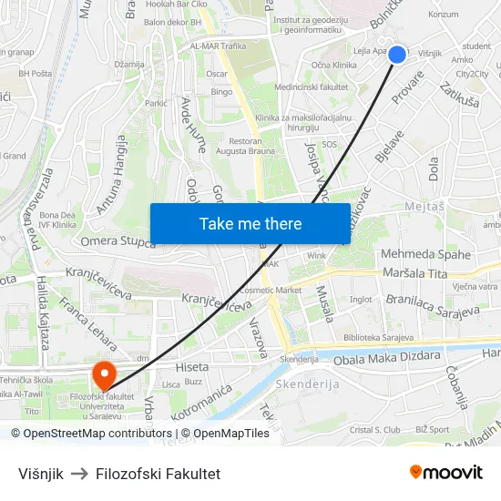 Višnjik to Filozofski Fakultet map