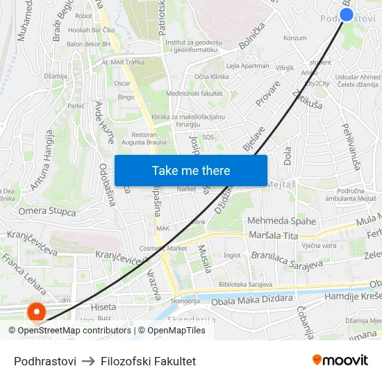 Podhrastovi to Filozofski Fakultet map