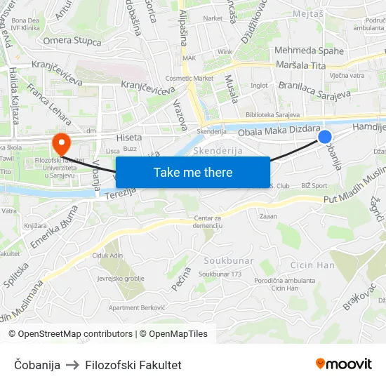 Čobanija to Filozofski Fakultet map