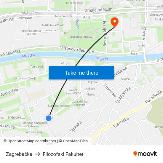Zagrebačka to Filozofski Fakultet map