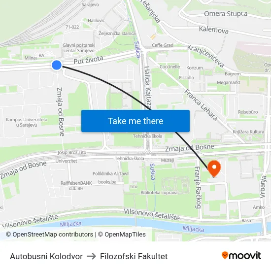 Autobusni Kolodvor to Filozofski Fakultet map